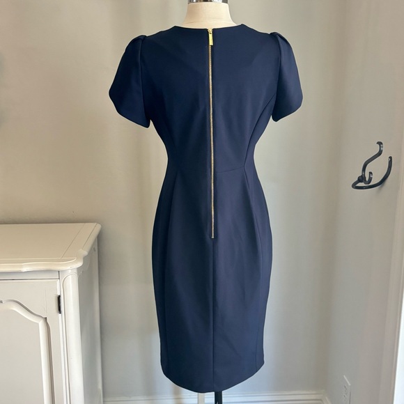 Calvin Klein Blue Sheath Dress Tulip Sleeve Knee Length Scuba Stretch, Sz 6 NWT - Picture 4 of 14